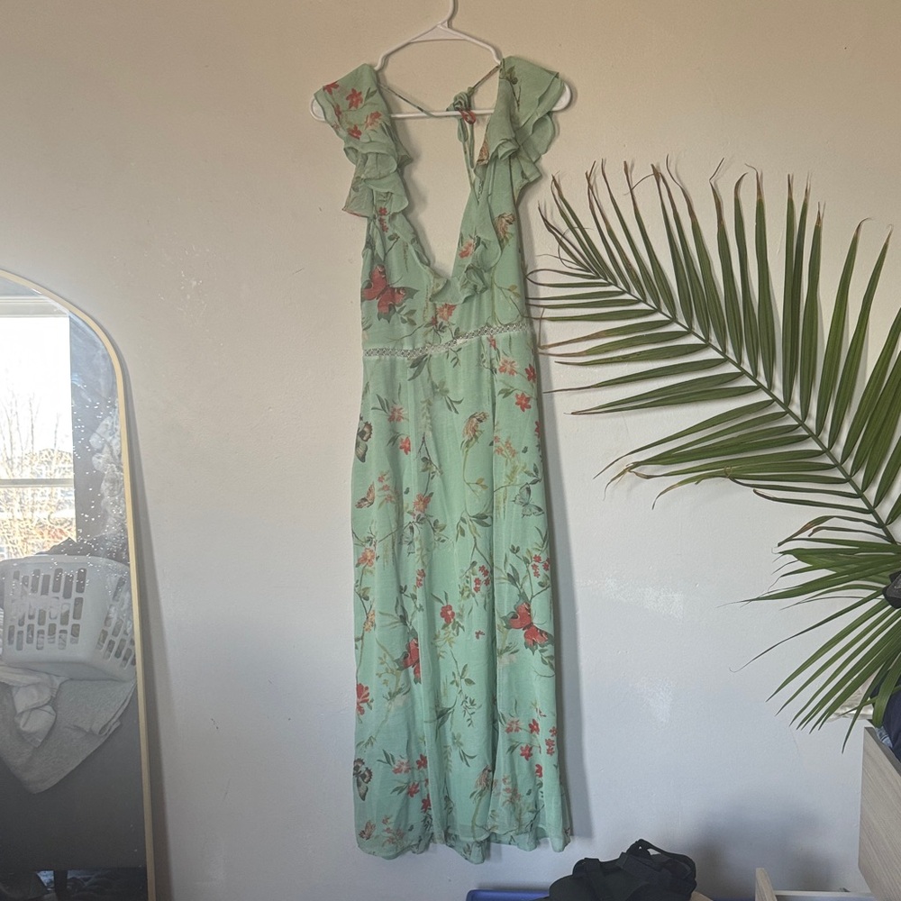 Mint Green Floral Ruffle Maxi Dress